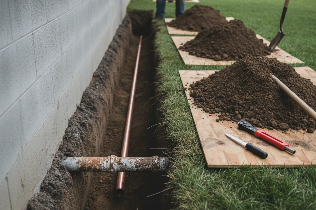 Excavated water line trench during Water Softener Installation in Needham
